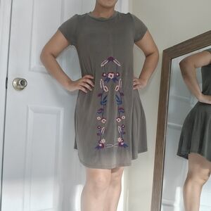 Alya Small Olive Green Embroidered Flower Knee-Length Mini‎ Cap Sleeve Dress